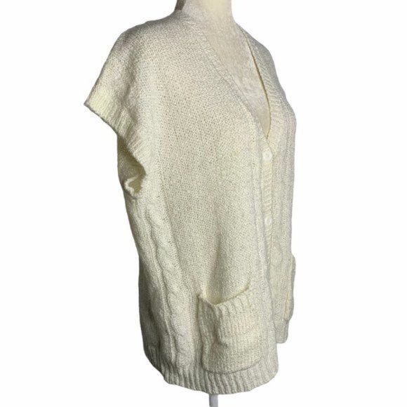 Vintage Short Sleeve Knit Cardigan Sweater L White Buttons Short Sleeves Pockets - Picture 4 of 6